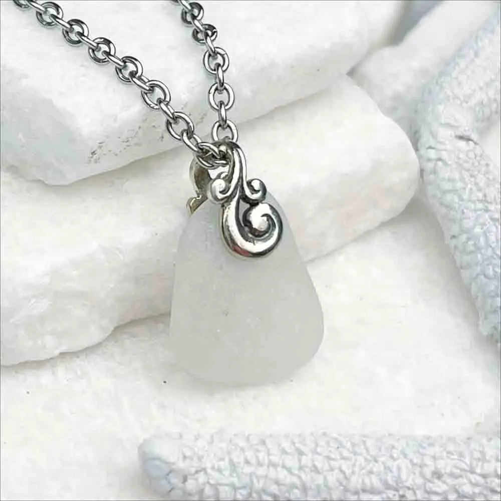 Elegant White Sea Glass Pendant with Ocean Waves | #5042