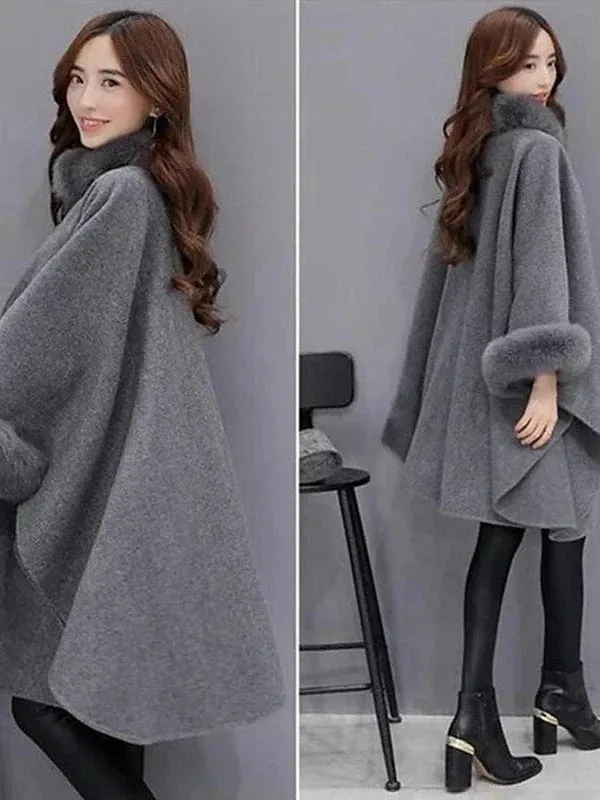 Elegant Women's Faux Fur Lapel Cloak/Cape Overcoat