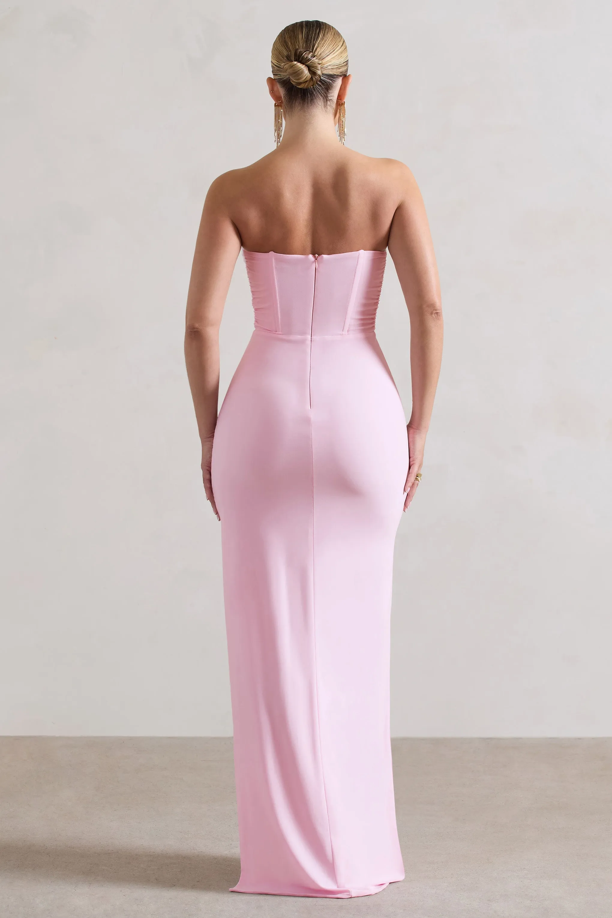 Eletta | Pink Ruched Bandeau Asymmetric Maxi Dress