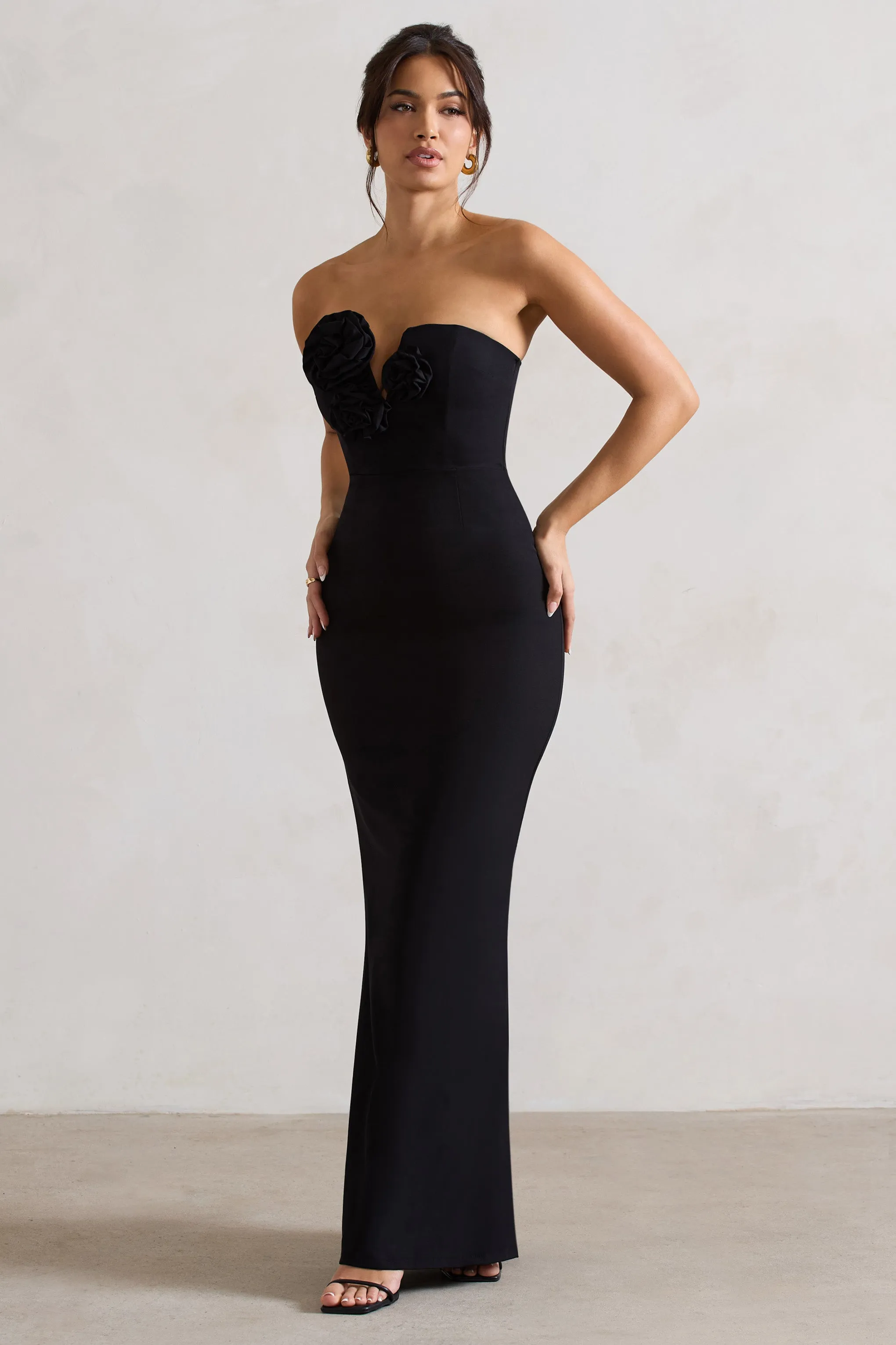 Enticed | Black Strapless V-Neck Maxi Dress With Flowers