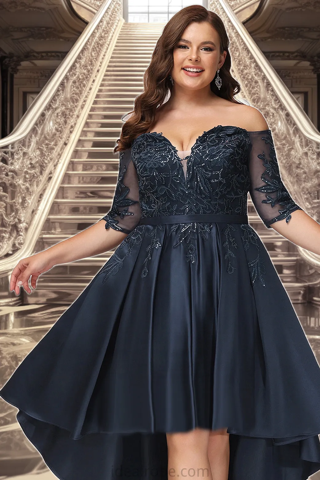 Everly A-line Off the Shoulder Asymmetrical Lace Satin Homecoming Dress With Sequins STKP0020580