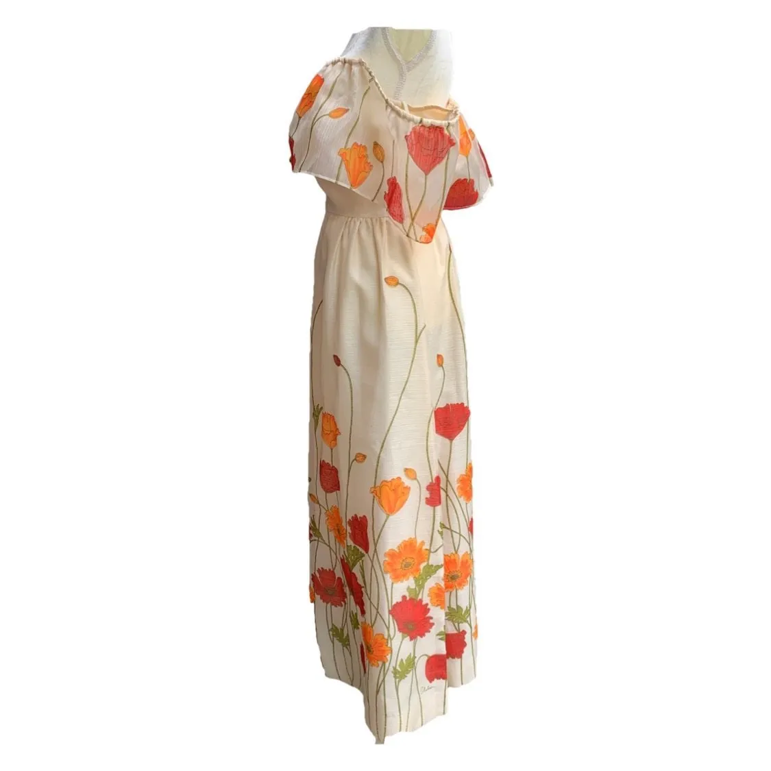 Floral Maxi Dress with Burnt Orange and Red Poppy Flowers  by Alfred Shaheen. Summer Dress