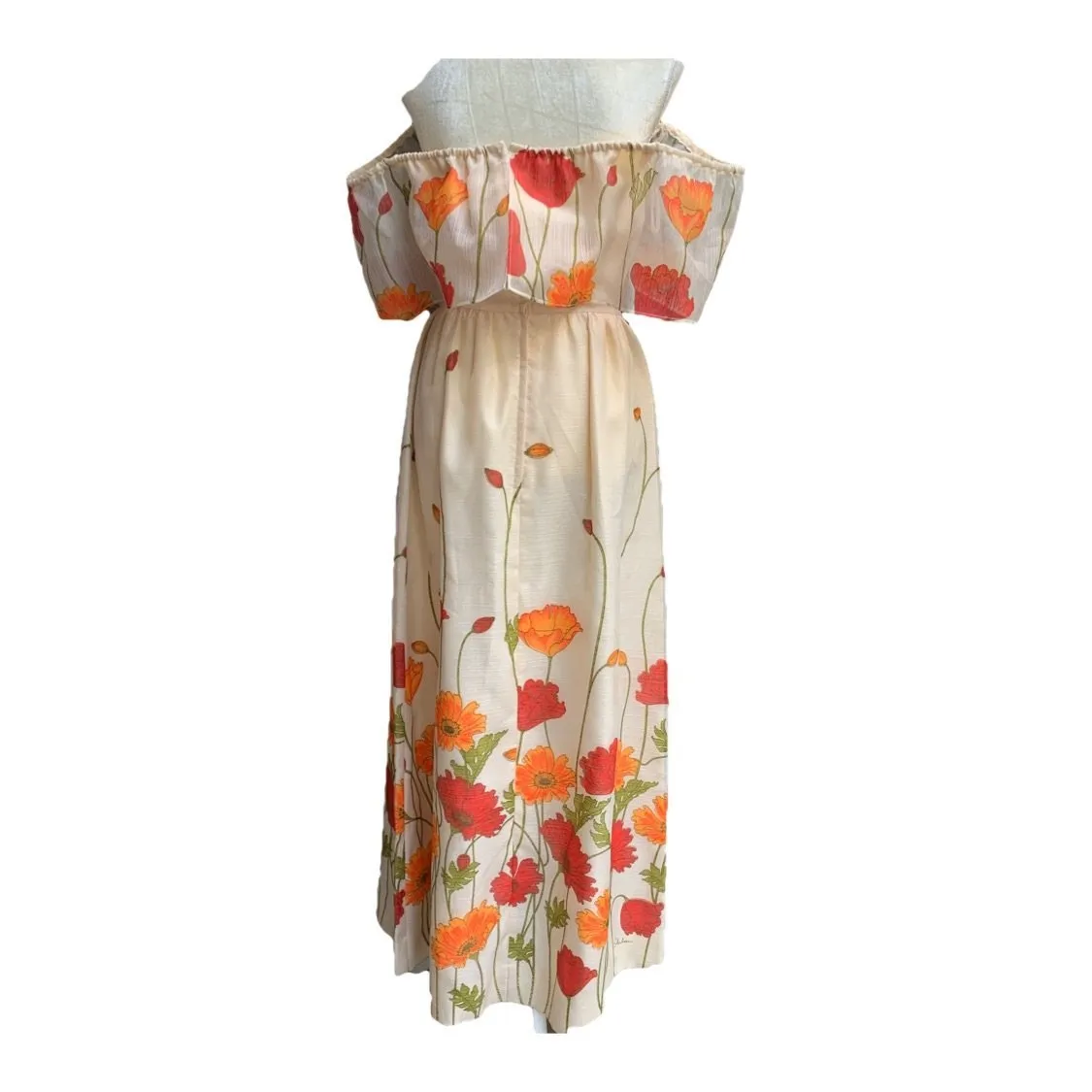 Floral Maxi Dress with Burnt Orange and Red Poppy Flowers  by Alfred Shaheen. Summer Dress