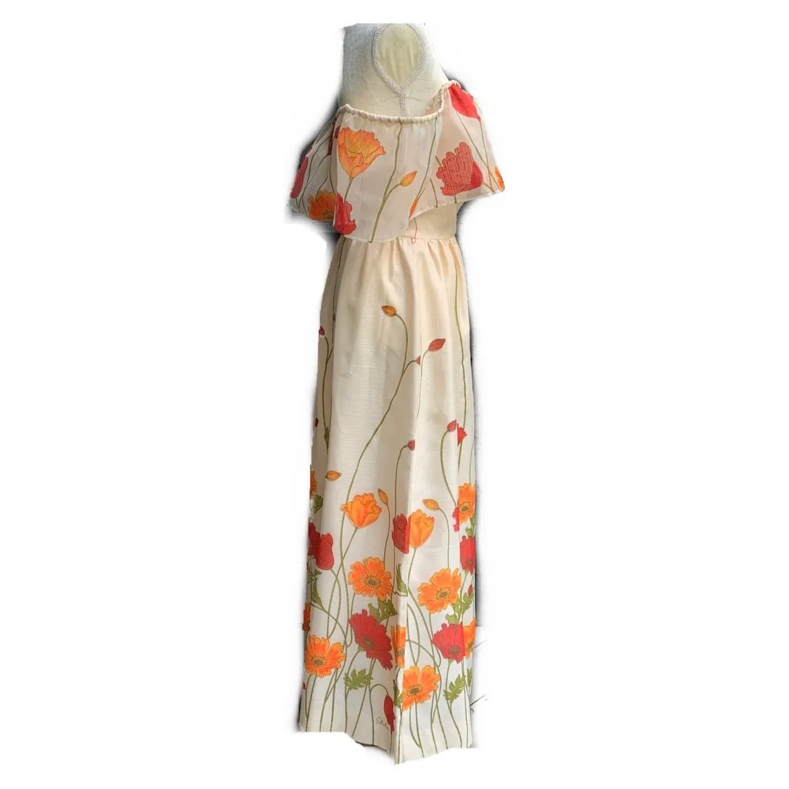 Floral Maxi Dress with Burnt Orange and Red Poppy Flowers  by Alfred Shaheen. Summer Dress