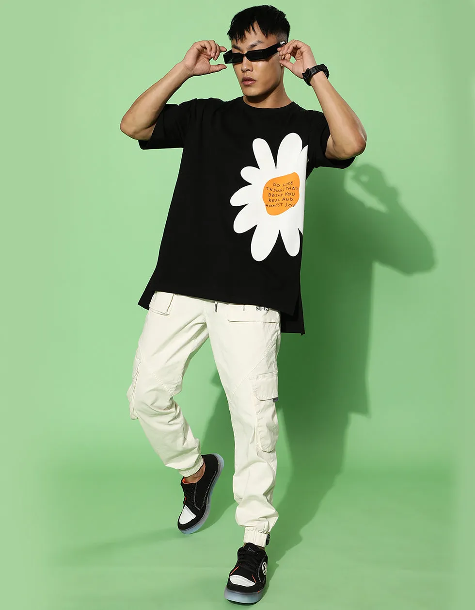 Flower Black Oversized Placement Graphic Printed Tshirt