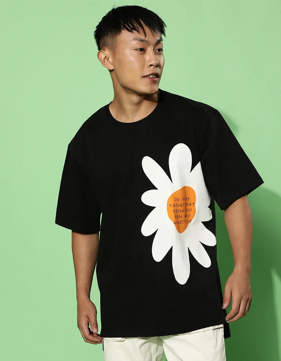 Flower Black Oversized Placement Graphic Printed Tshirt