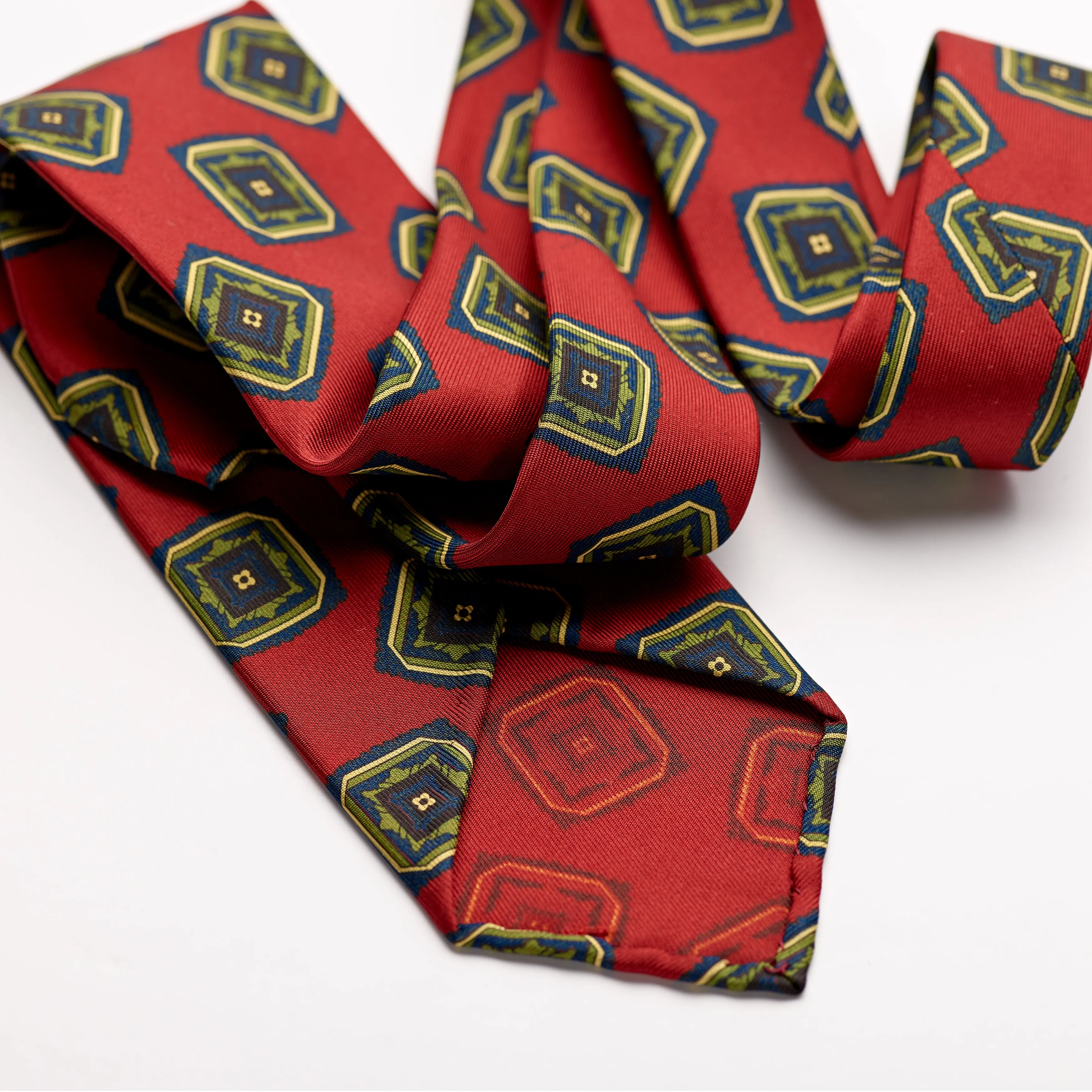 Fox British Silk Maroon Red, Lime Green and Royal Blue Foulard Tie