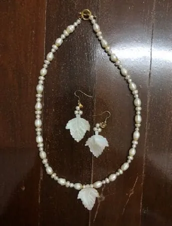 Freshwater pearl and abalone shell necklace earring set