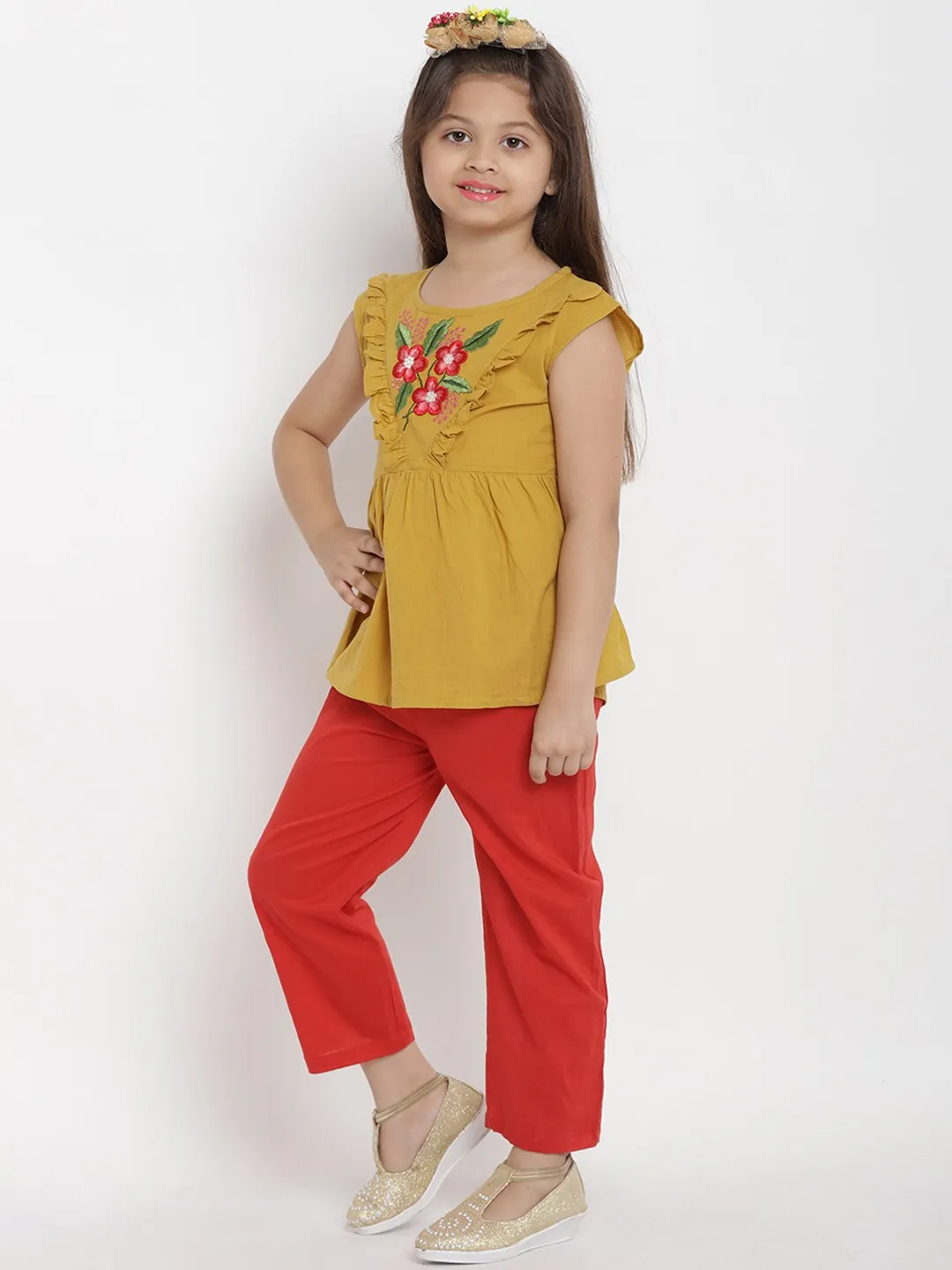 Girls Mustard Yellow & Red Solid Top With Trousers