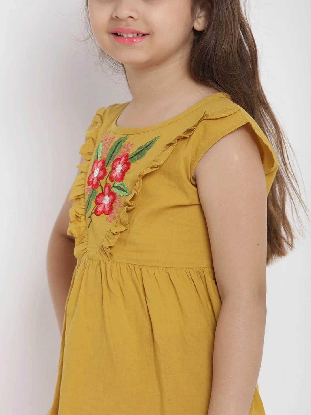 Girls Mustard Yellow & Red Solid Top With Trousers