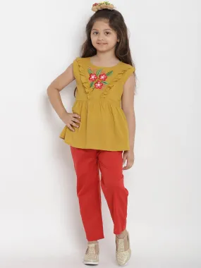 Girls Mustard Yellow & Red Solid Top With Trousers