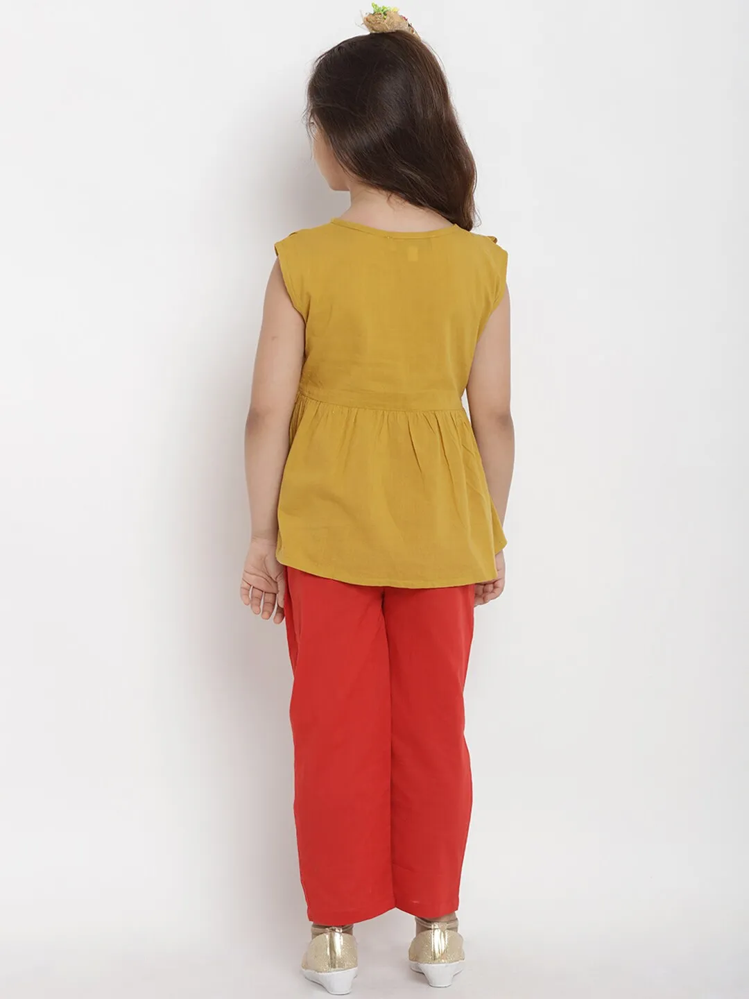 Girls Mustard Yellow & Red Solid Top With Trousers