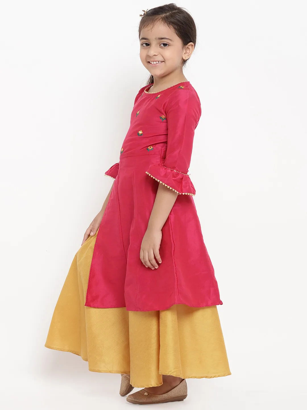 Girls Pink & Yellow Embroidered Kurta With Skirt