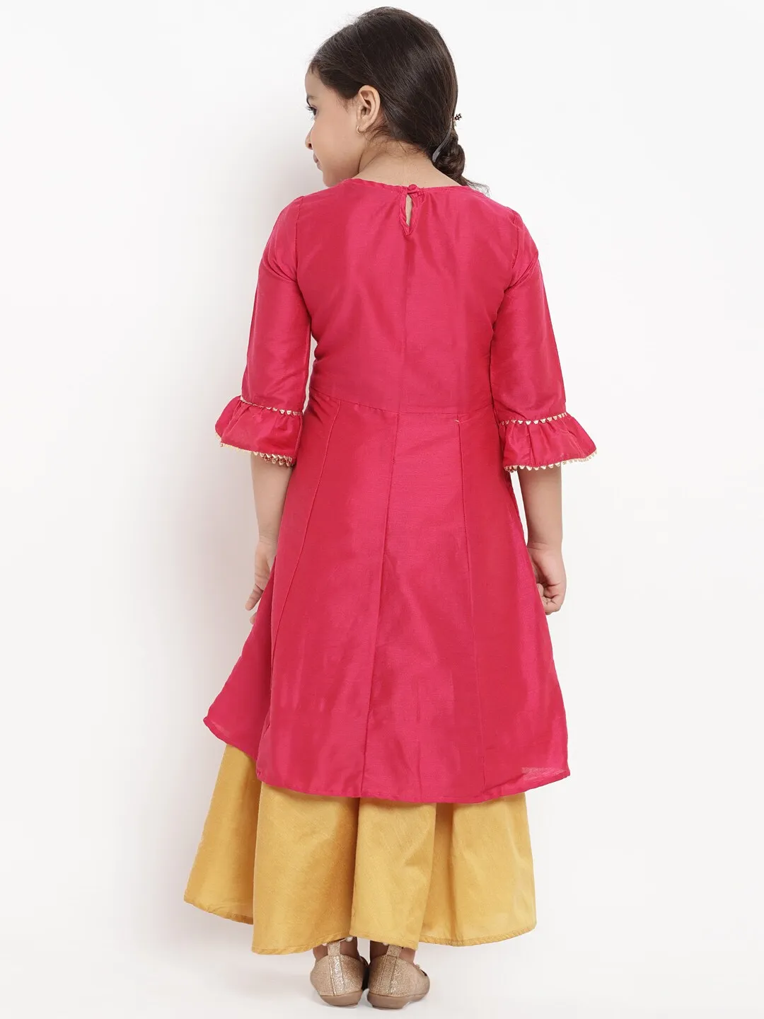 Girls Pink & Yellow Embroidered Kurta With Skirt