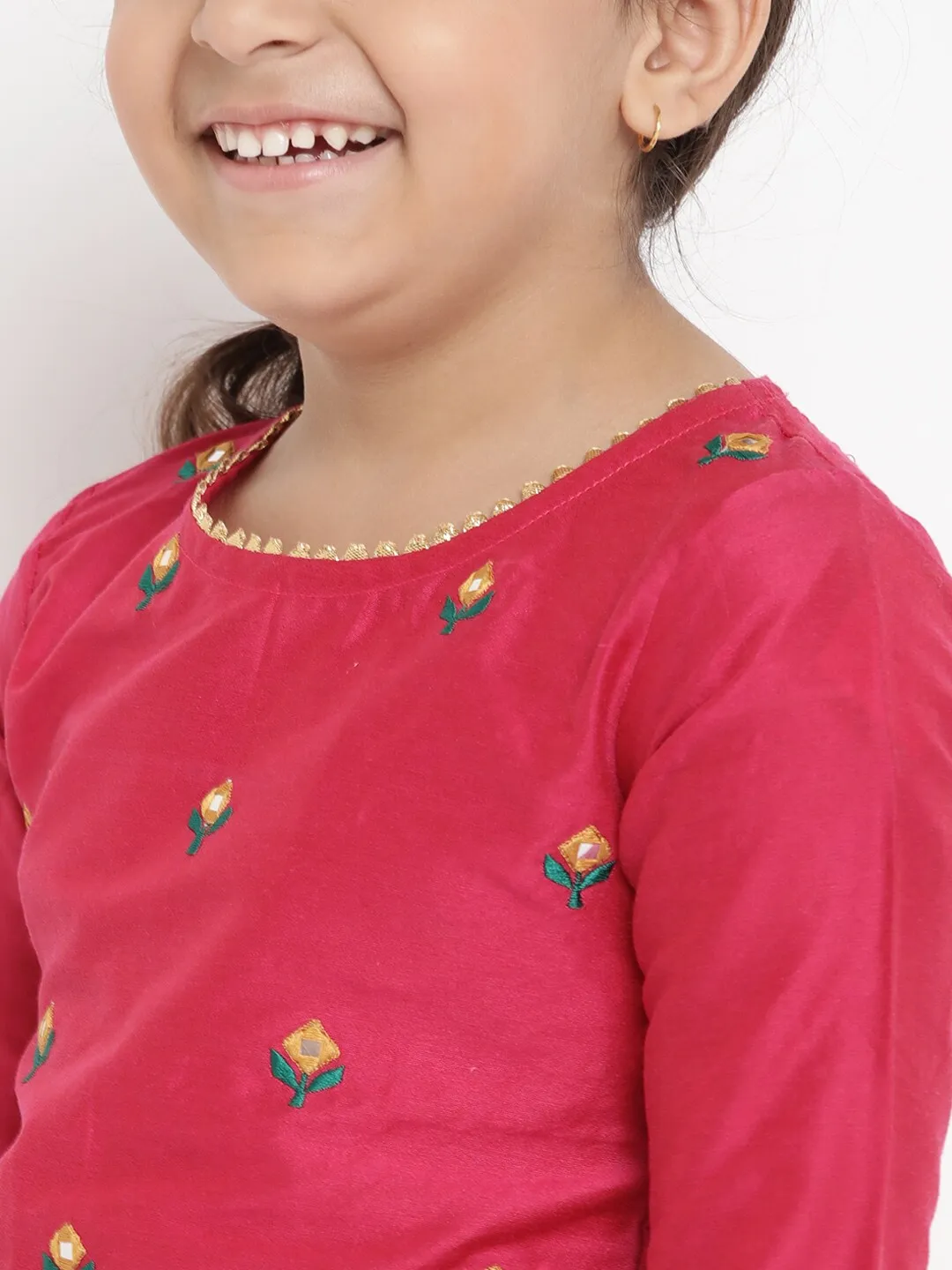 Girls Pink & Yellow Embroidered Kurta With Skirt