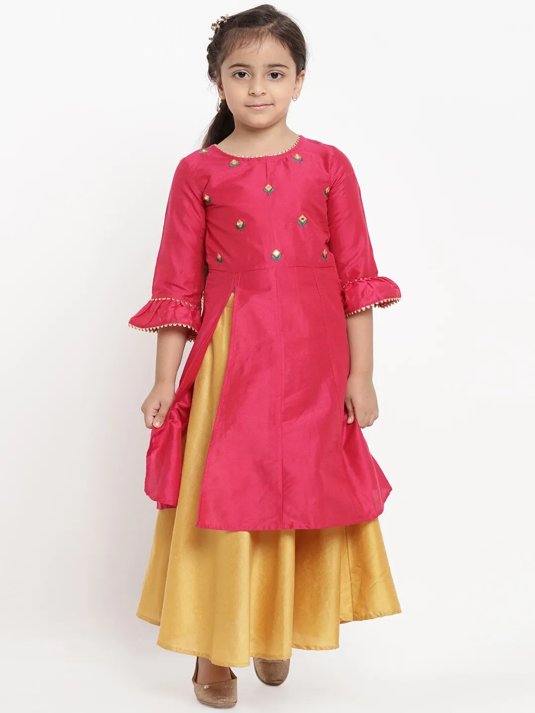 Girls Pink & Yellow Embroidered Kurta With Skirt