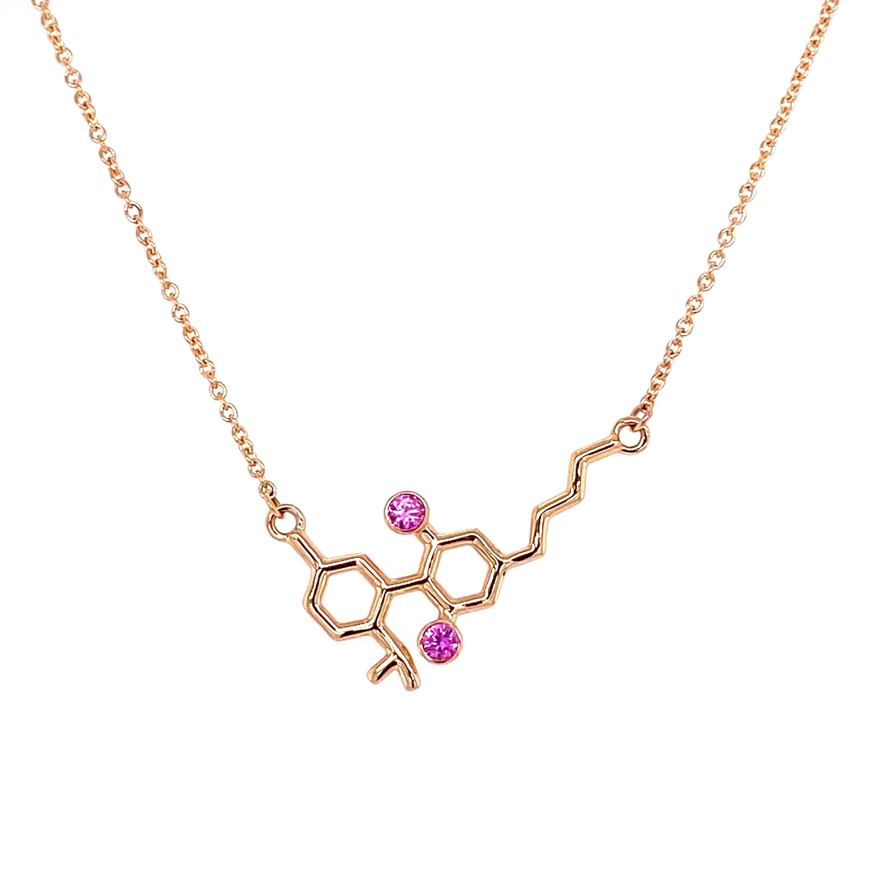 Gold Molecule Necklace with Pink Sapphire Gemstones