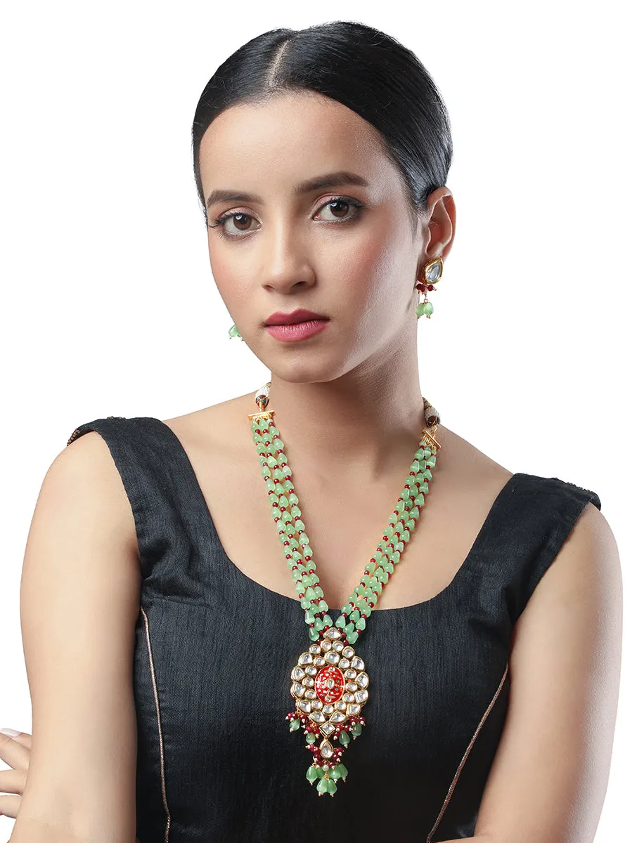 Golden, Mint Green Agates, Kundan Polki Necklace Set