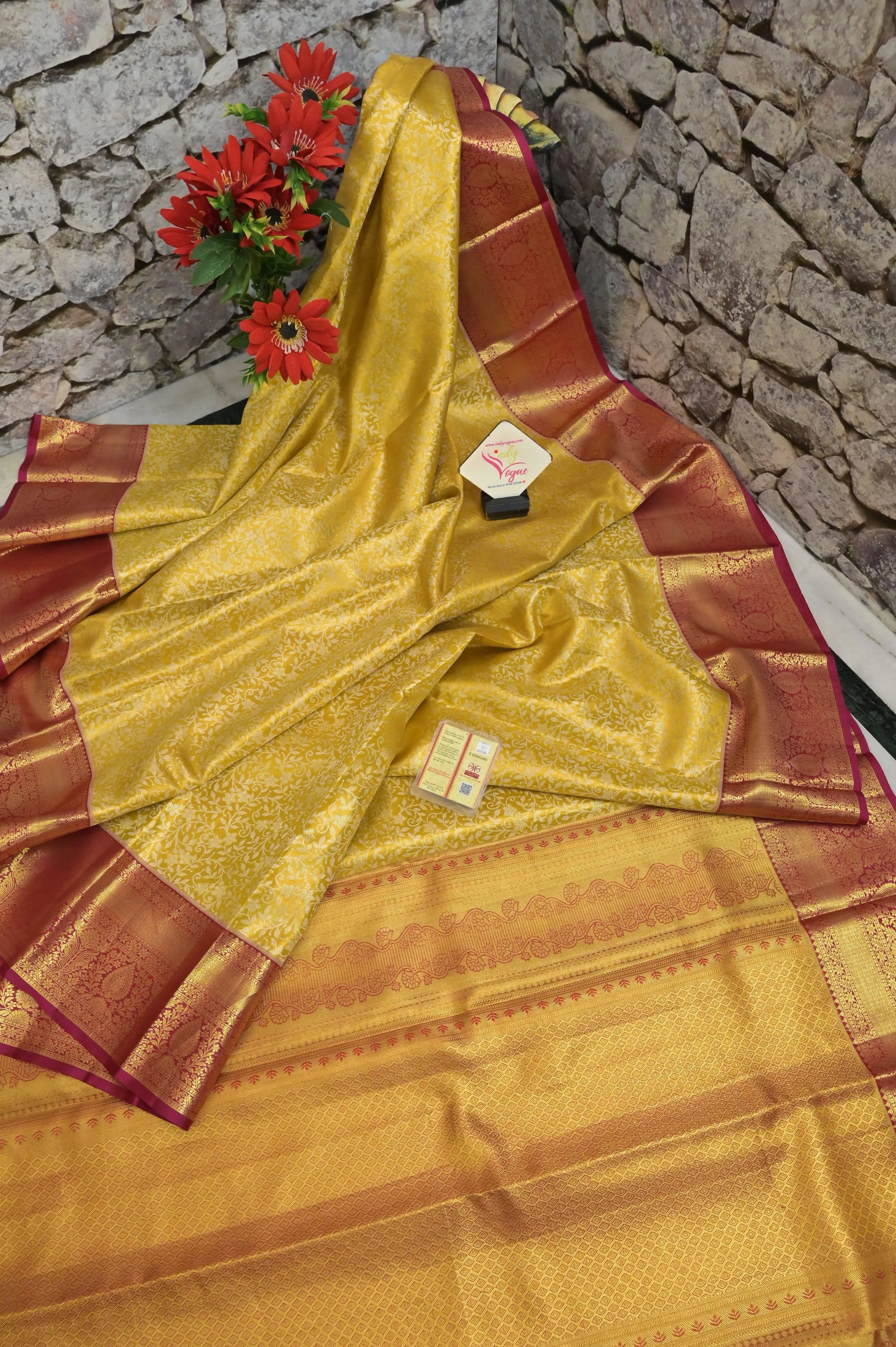 Golden Yellow Color Pure Brocade Kanjeevaram Silk Saree with Broad Border