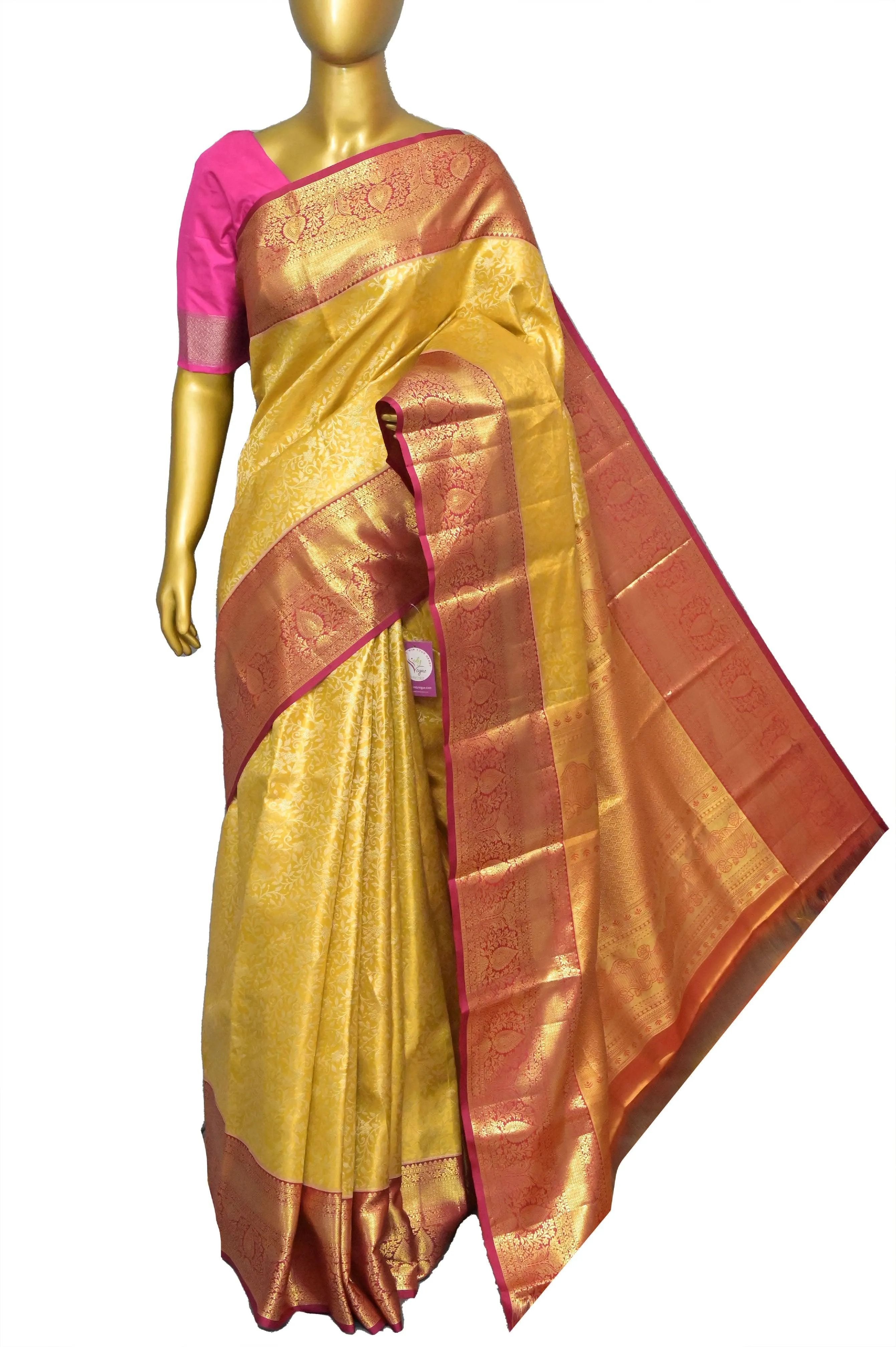 Golden Yellow Color Pure Brocade Kanjeevaram Silk Saree with Broad Border