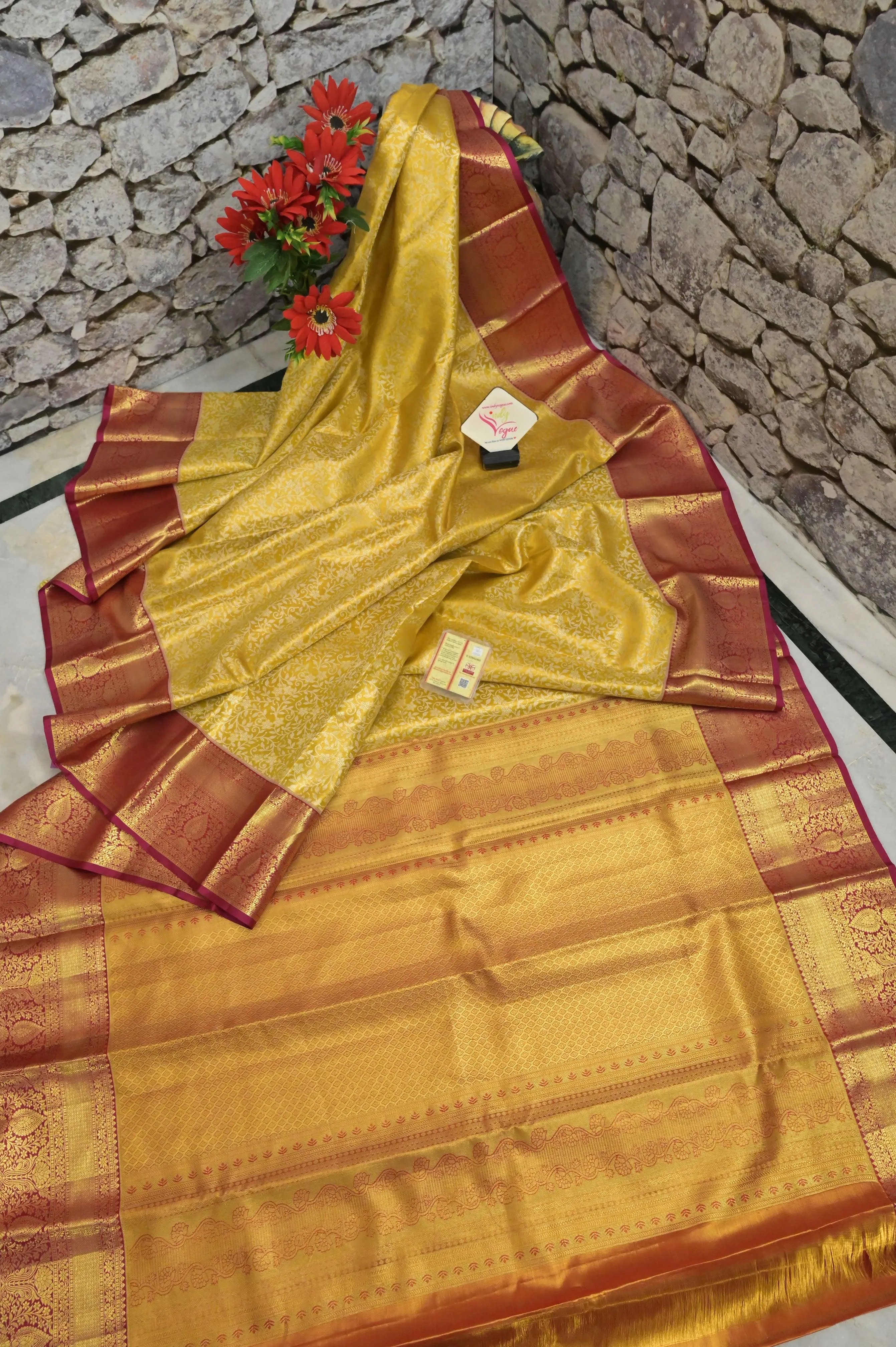 Golden Yellow Color Pure Brocade Kanjeevaram Silk Saree with Broad Border