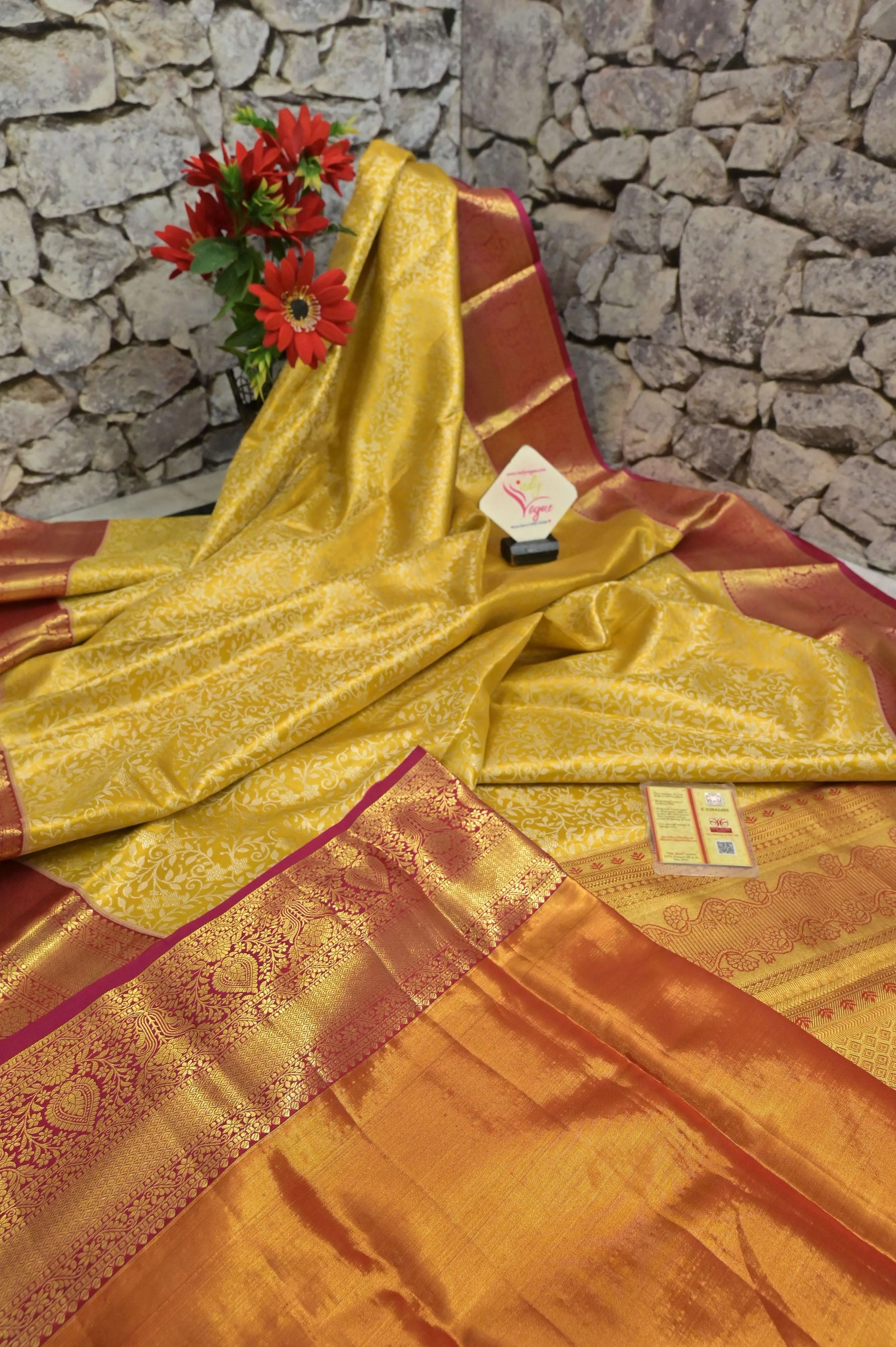 Golden Yellow Color Pure Brocade Kanjeevaram Silk Saree with Broad Border