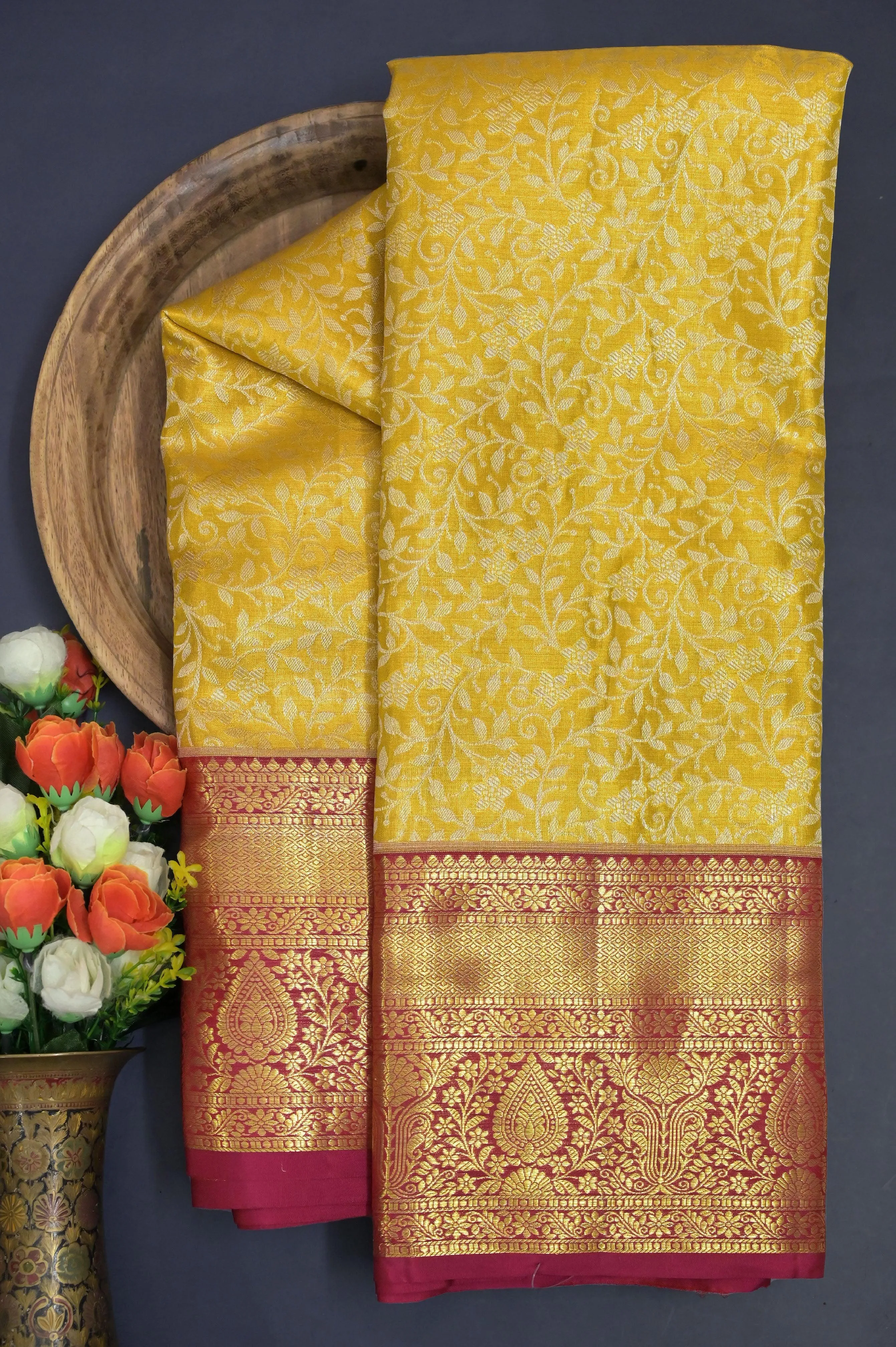 Golden Yellow Color Pure Brocade Kanjeevaram Silk Saree with Broad Border