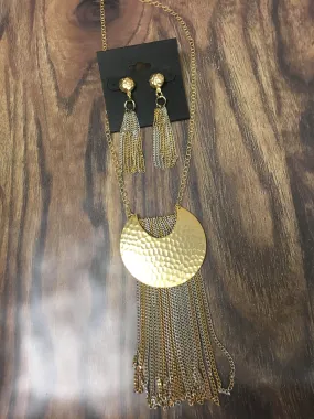 Hammered Gold Necklace with Tassel and earrings set