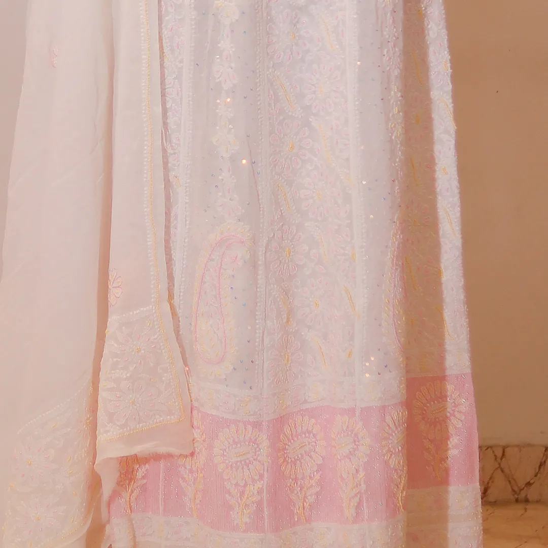 Hand Embroidered Pearl work Dyeable Chikankari Anarkali Suit Dupatta