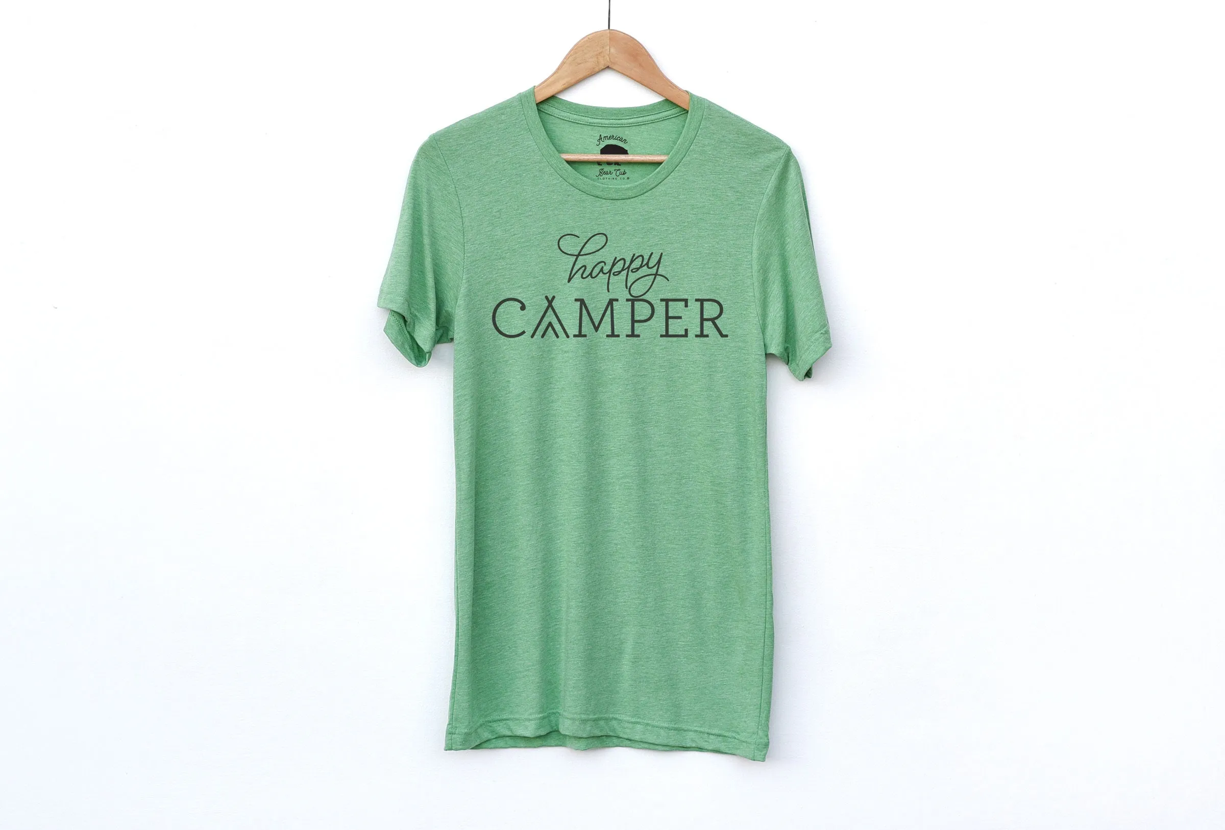 Happy Camper Script Adult Shirts - light or dark artwork