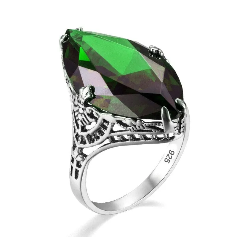 Huge Elegant Emerald Ruby Sapphire Ring - 925 Sterling Silver