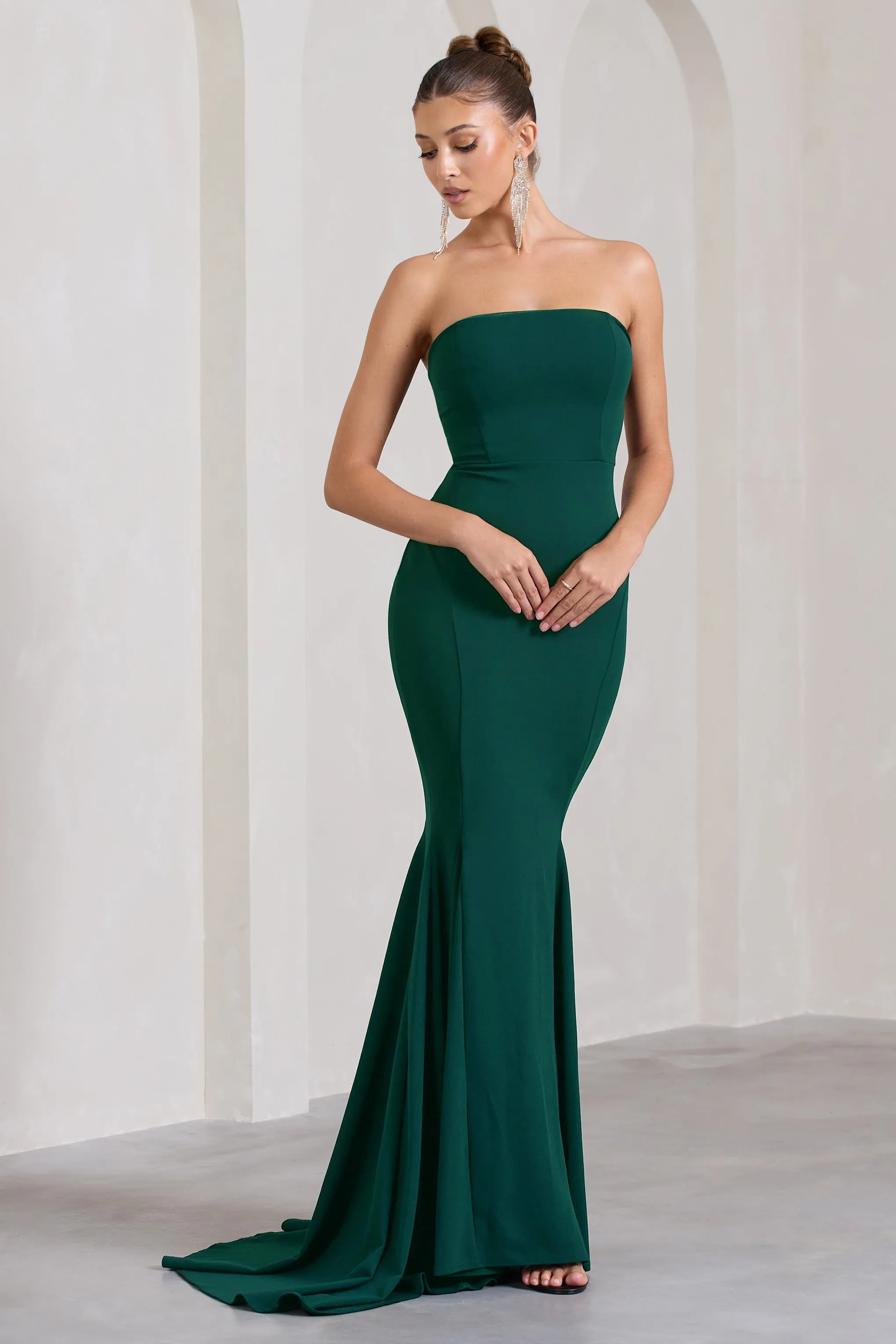 Impress Me | Bottle Green Strapless Bandeau Fishtail Maxi Dress