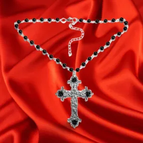 Large Black Rosary Statement Cross Necklace