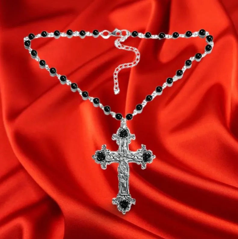 Large Black Rosary Statement Cross Necklace