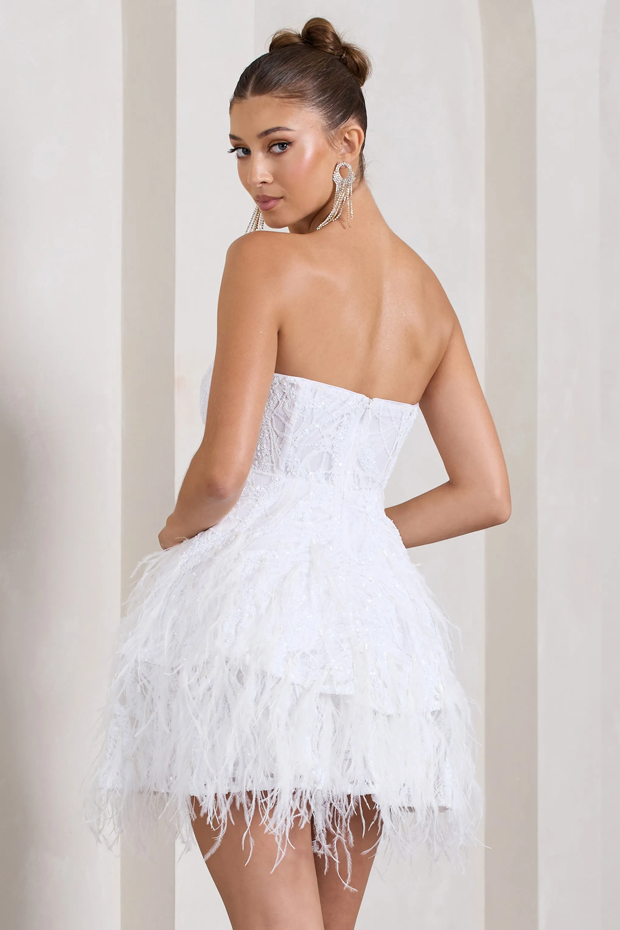 Little Wish | White Sequin Lace Strapless Mini Dress With Feathers