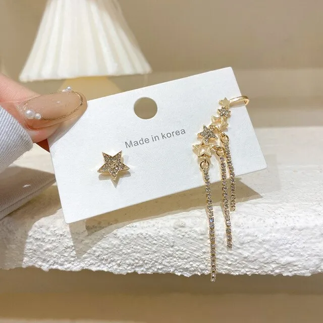 Long Tassel  Sweet Star Rhinestone Elegant Geometric Hanging Asymmetry Earring