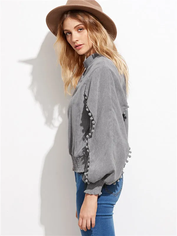 Loose Gray Puff Sleeves Top