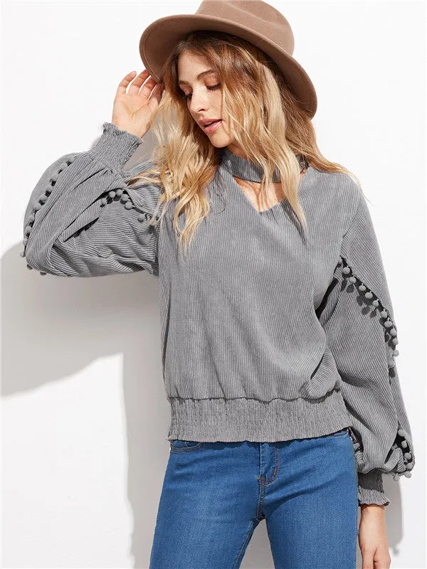 Loose Gray Puff Sleeves Top