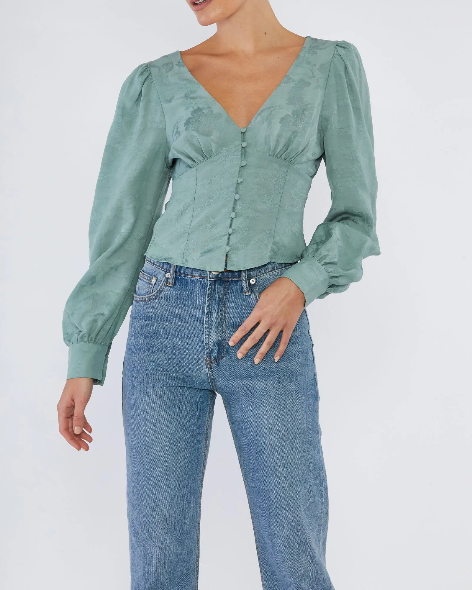 Loren Linen Jacquard V-Neck Top - Sage