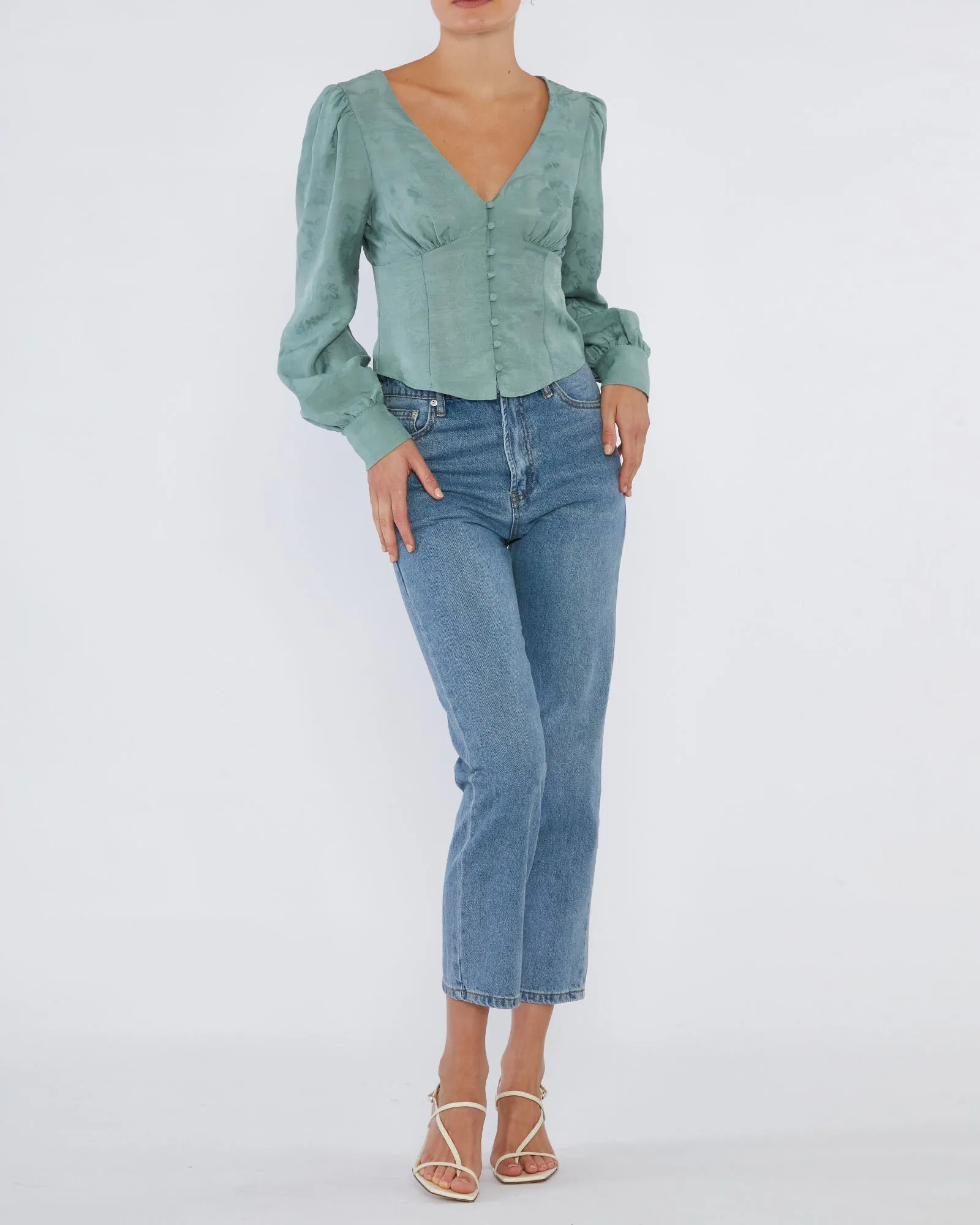 Loren Linen Jacquard V-Neck Top - Sage