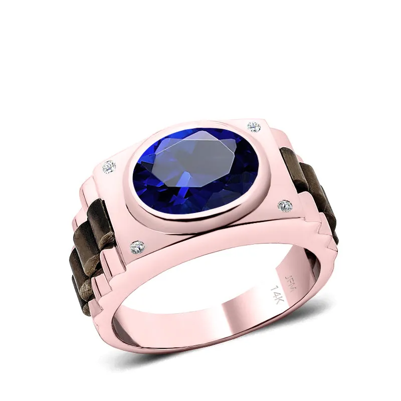 Male Stone Ring 14K SOLID Gold with Diamonds and Bezel Princess Sapphire Anniversary Gift for Man