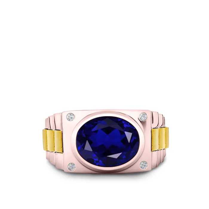 Male Stone Ring 14K SOLID Gold with Diamonds and Bezel Princess Sapphire Anniversary Gift for Man