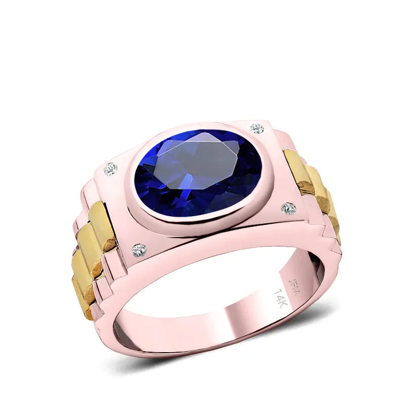 Male Stone Ring 14K SOLID Gold with Diamonds and Bezel Princess Sapphire Anniversary Gift for Man