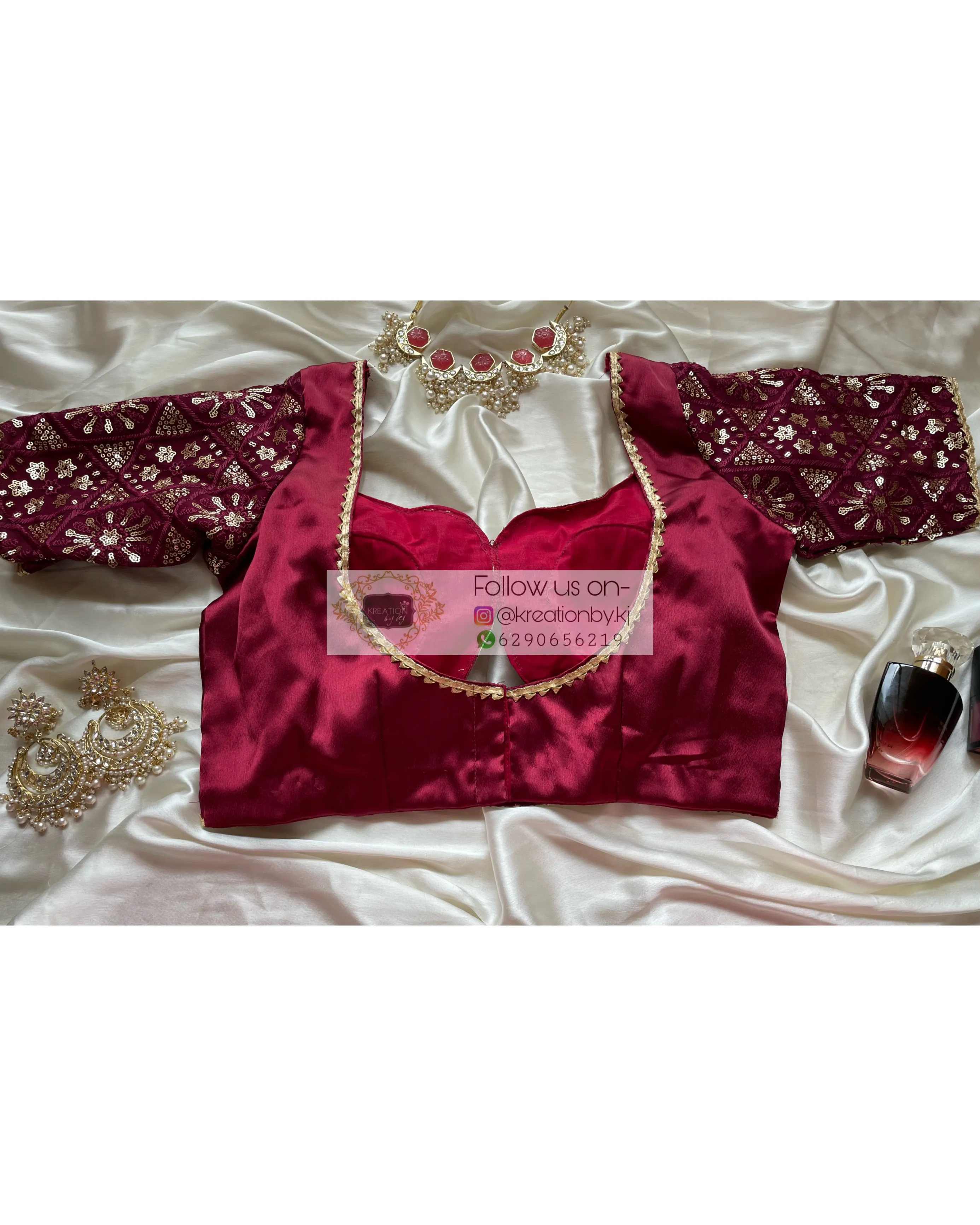 Maroon Blouse with Embroidered Sleeves