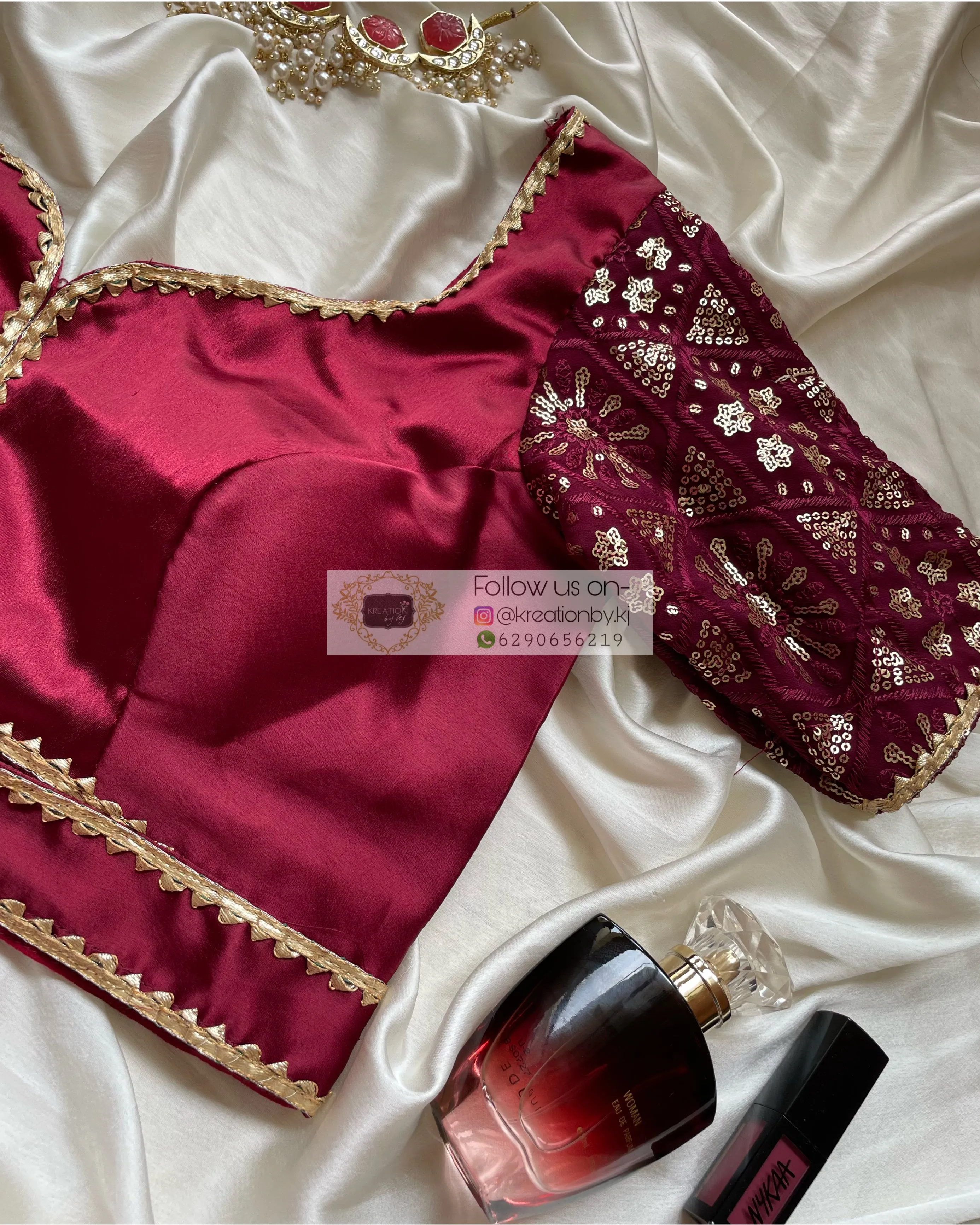 Maroon Blouse with Embroidered Sleeves