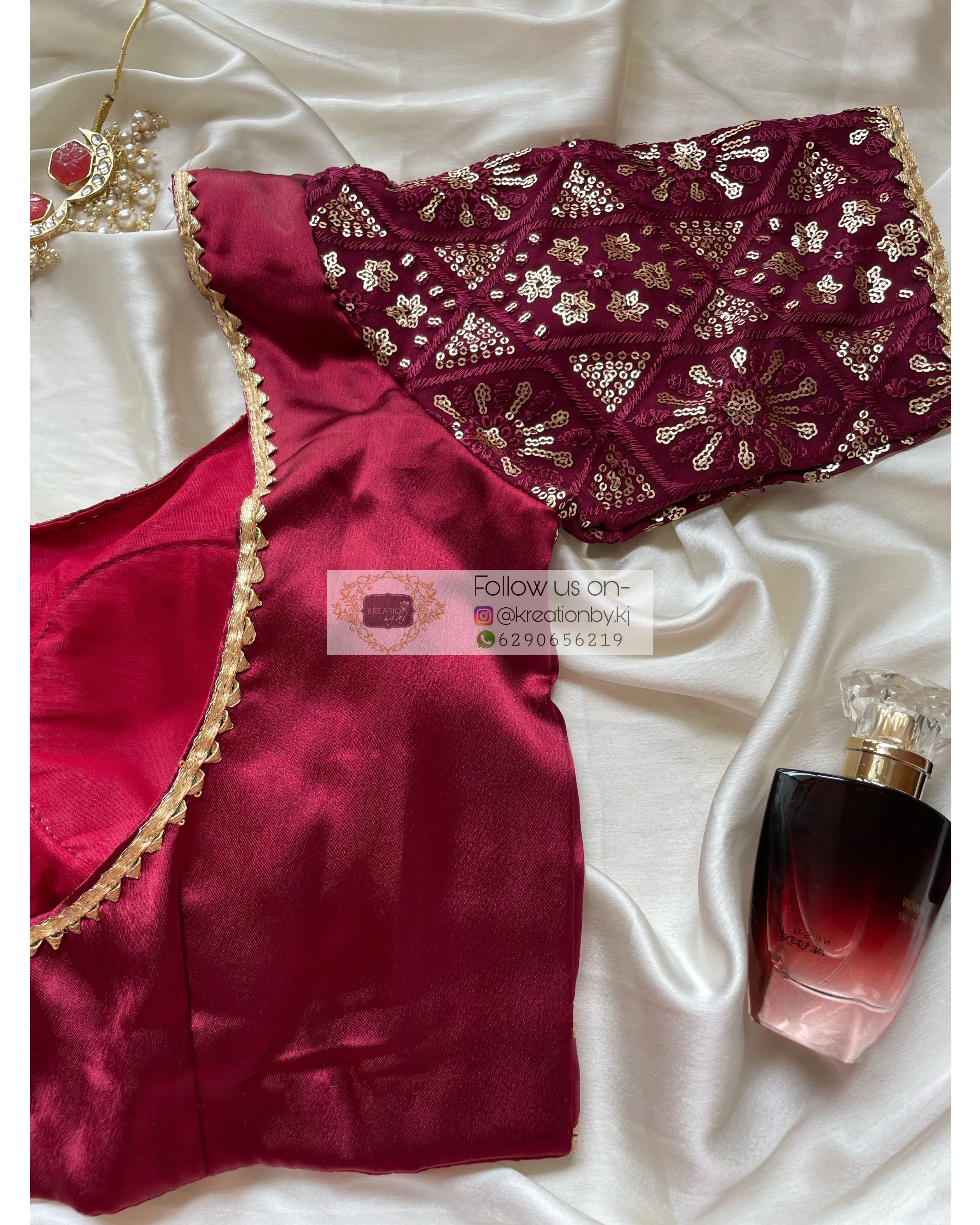 Maroon Blouse with Embroidered Sleeves