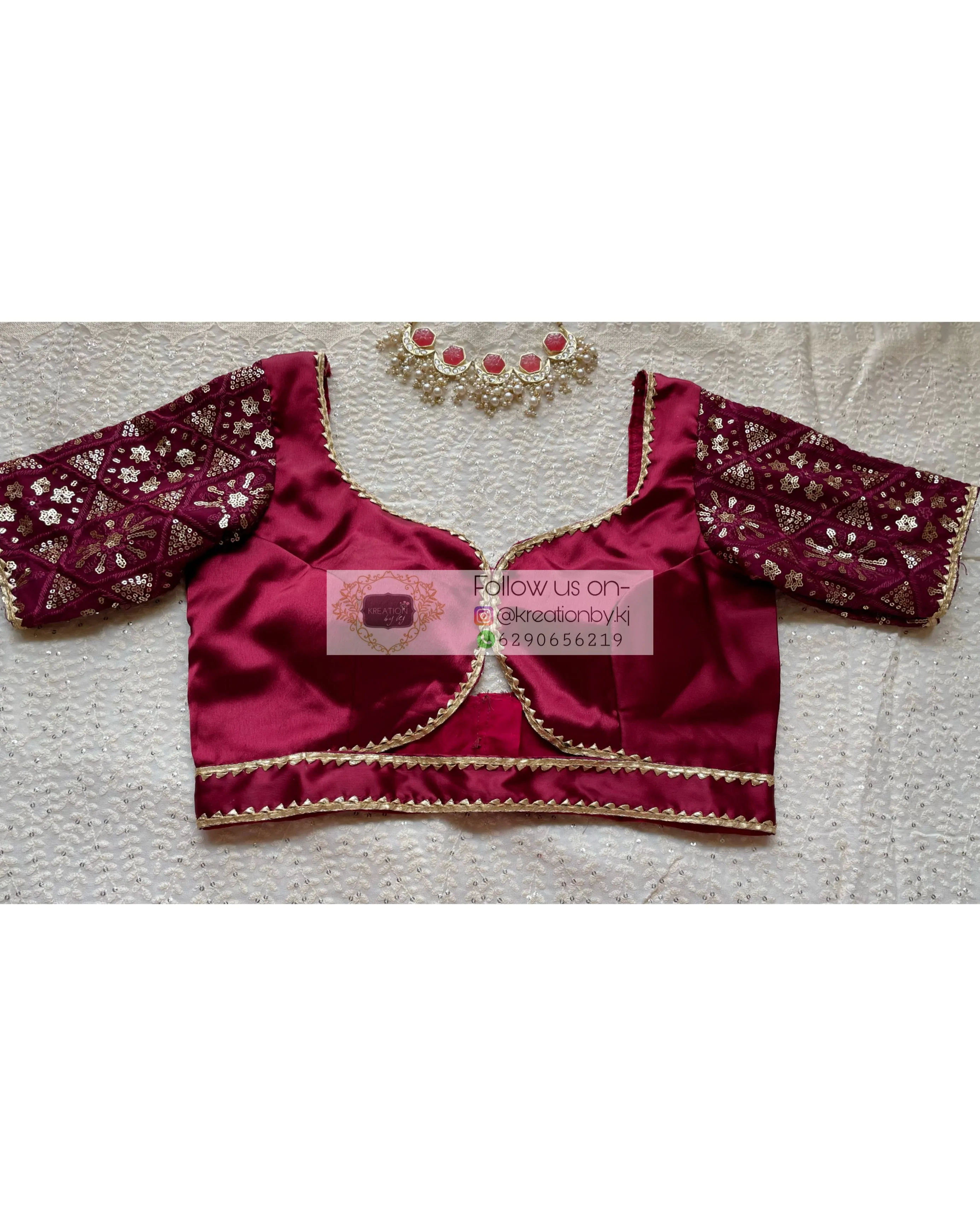 Maroon Blouse with Embroidered Sleeves