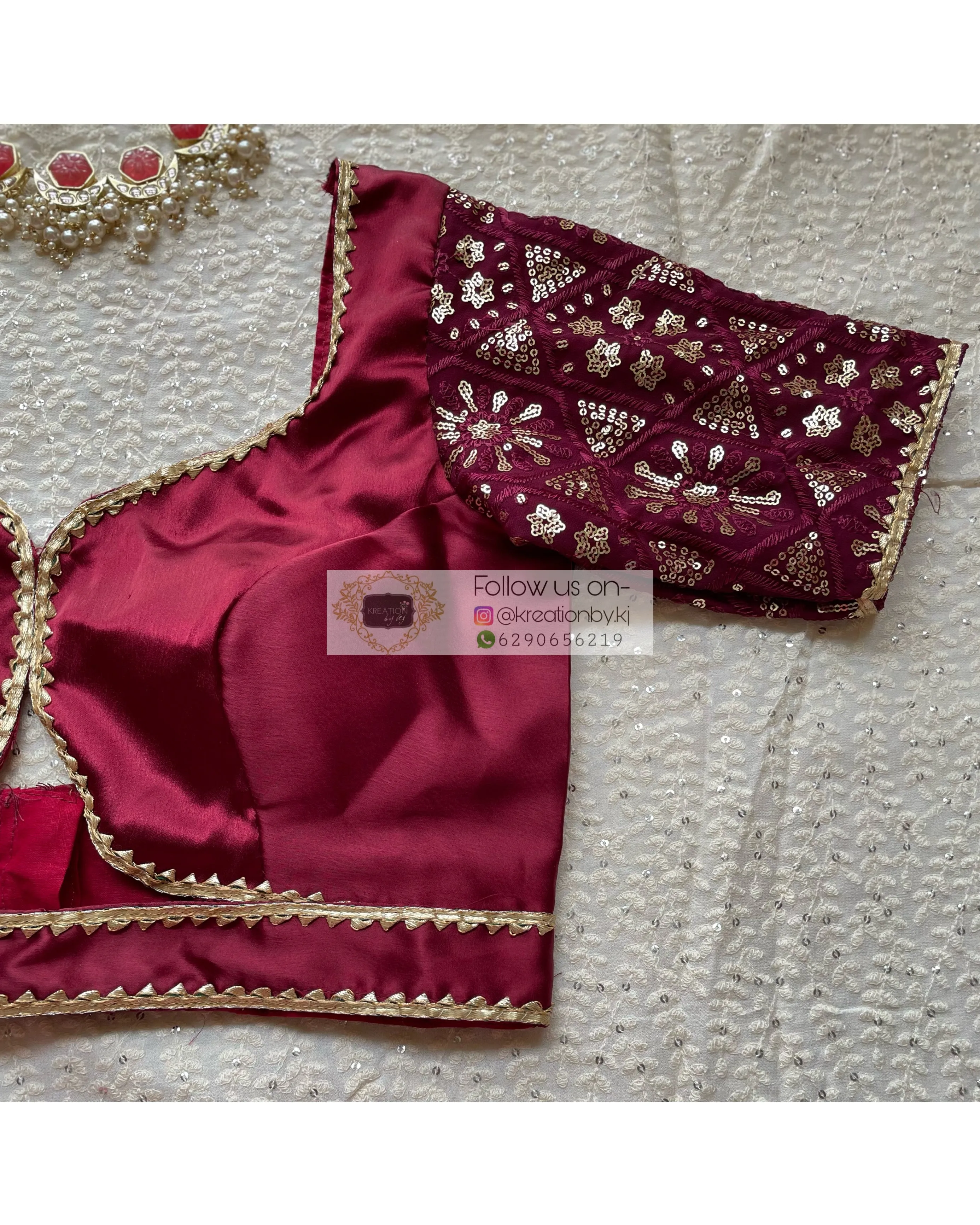 Maroon Blouse with Embroidered Sleeves