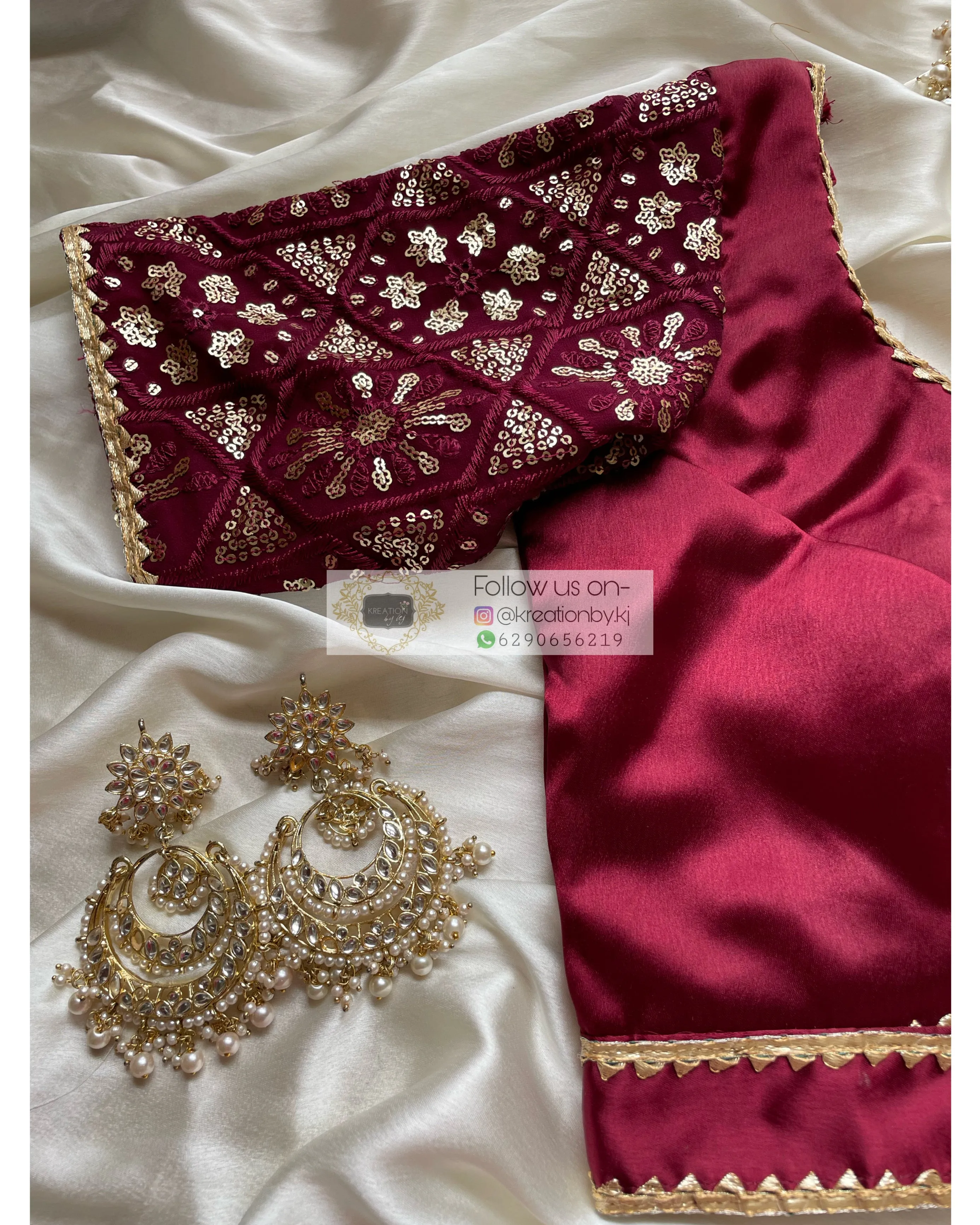 Maroon Blouse with Embroidered Sleeves