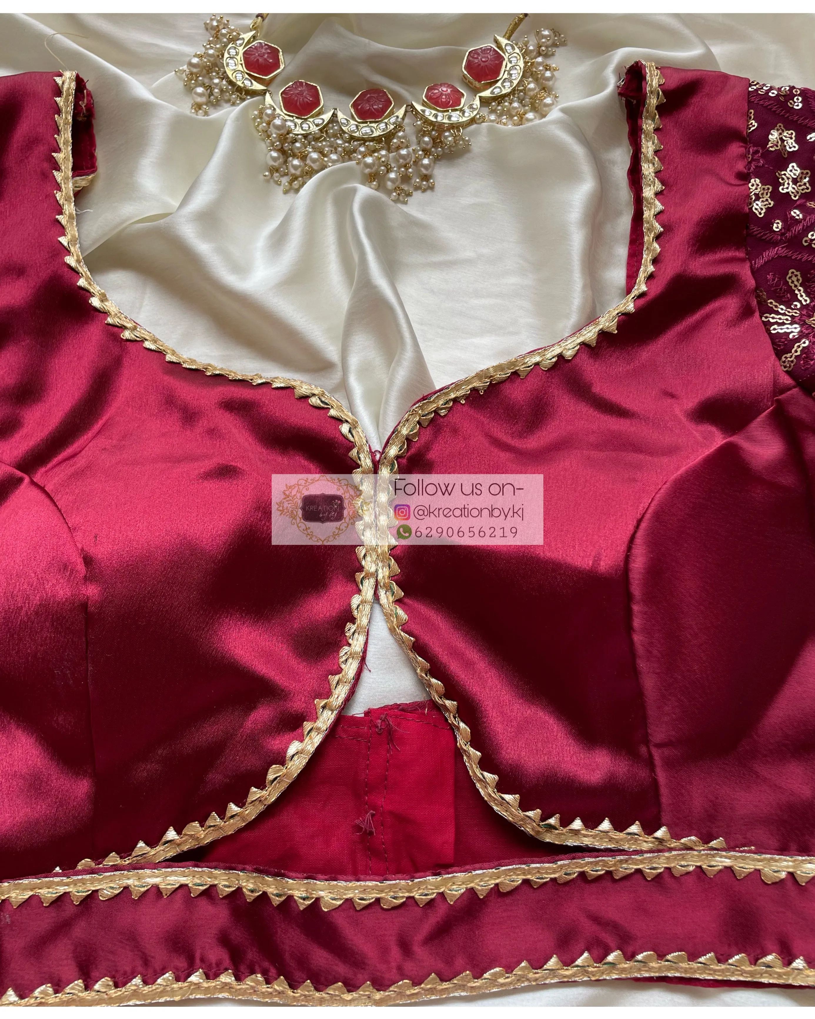 Maroon Blouse with Embroidered Sleeves